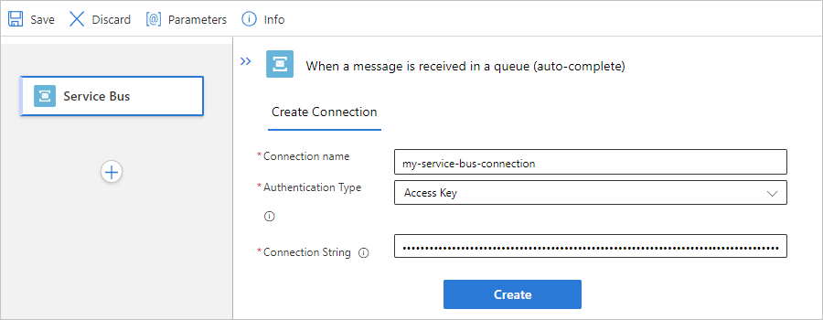 Screenshot: Workflow des Tarifs „Standard“, verwalteter Service Bus-Trigger und Beispielverbindungsinformationen