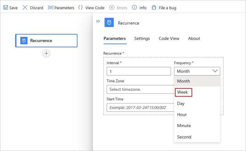 Screenshot: Standardworkflow-Designer mit Intervall und Häufigkeit des Triggers „Serie“