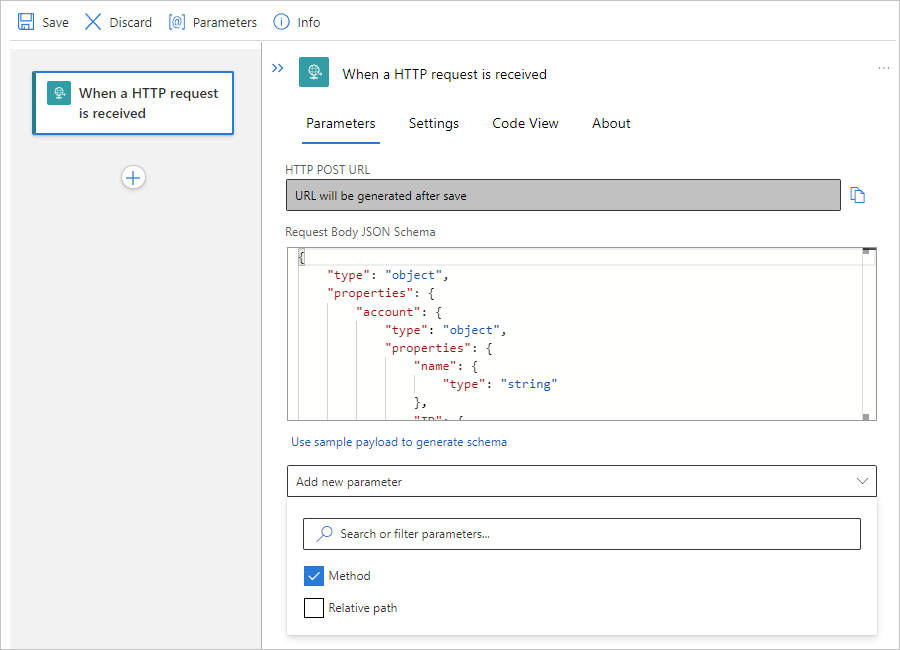 Screenshot showing Standard workflow, Request trigger, and adding the 