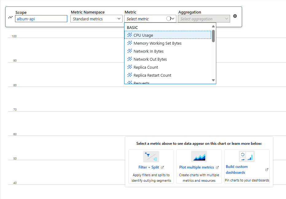Screenshot des Metrik-Explorers von der Container-App-Ressourcenseite.