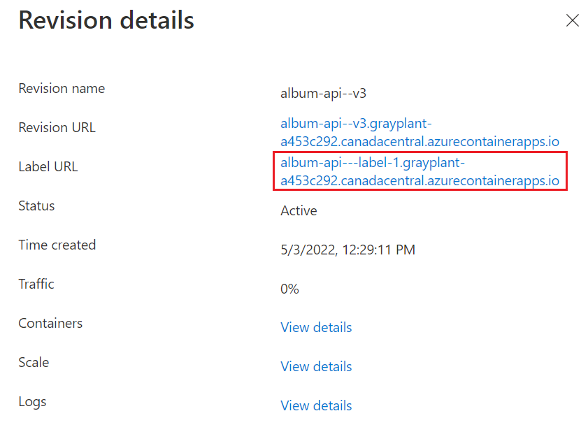 Screenshot der Revisionsdetails von Container Apps.