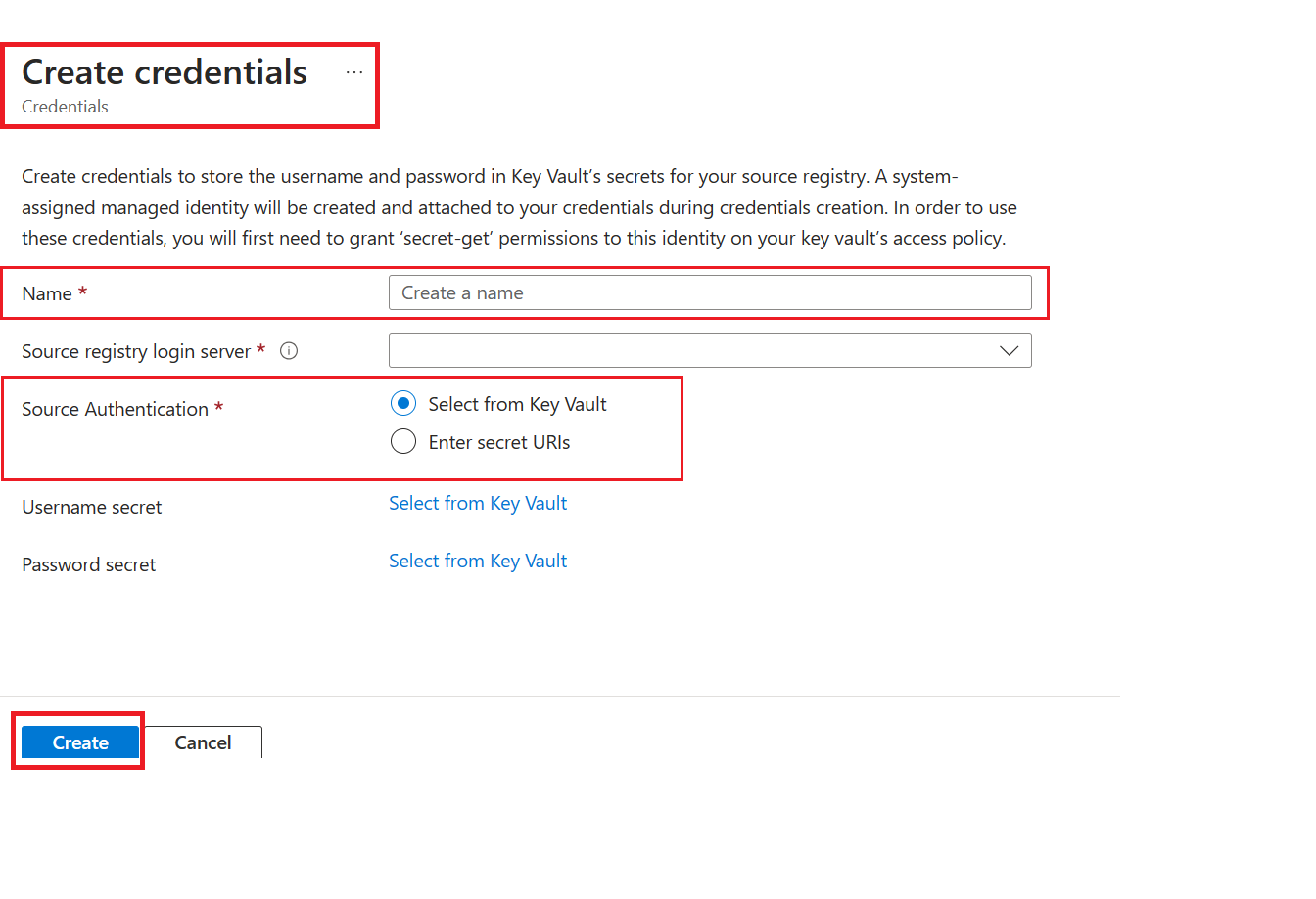 Screenshot for create new credentials in Azure portal.