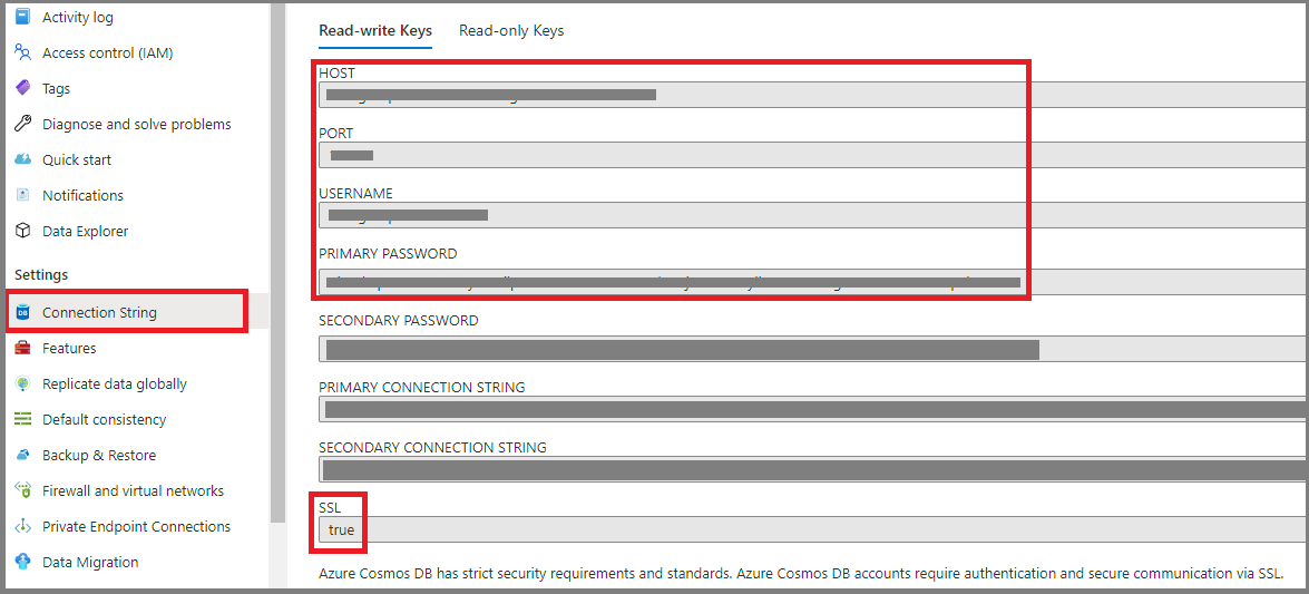 Screenshot: Anmeldeinformationen für Azure Cosmos DB
