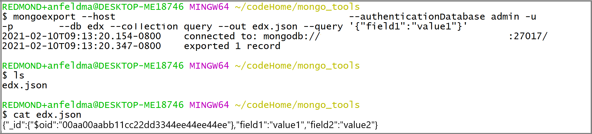 Screenshot: Aufruf von „mongoexport“