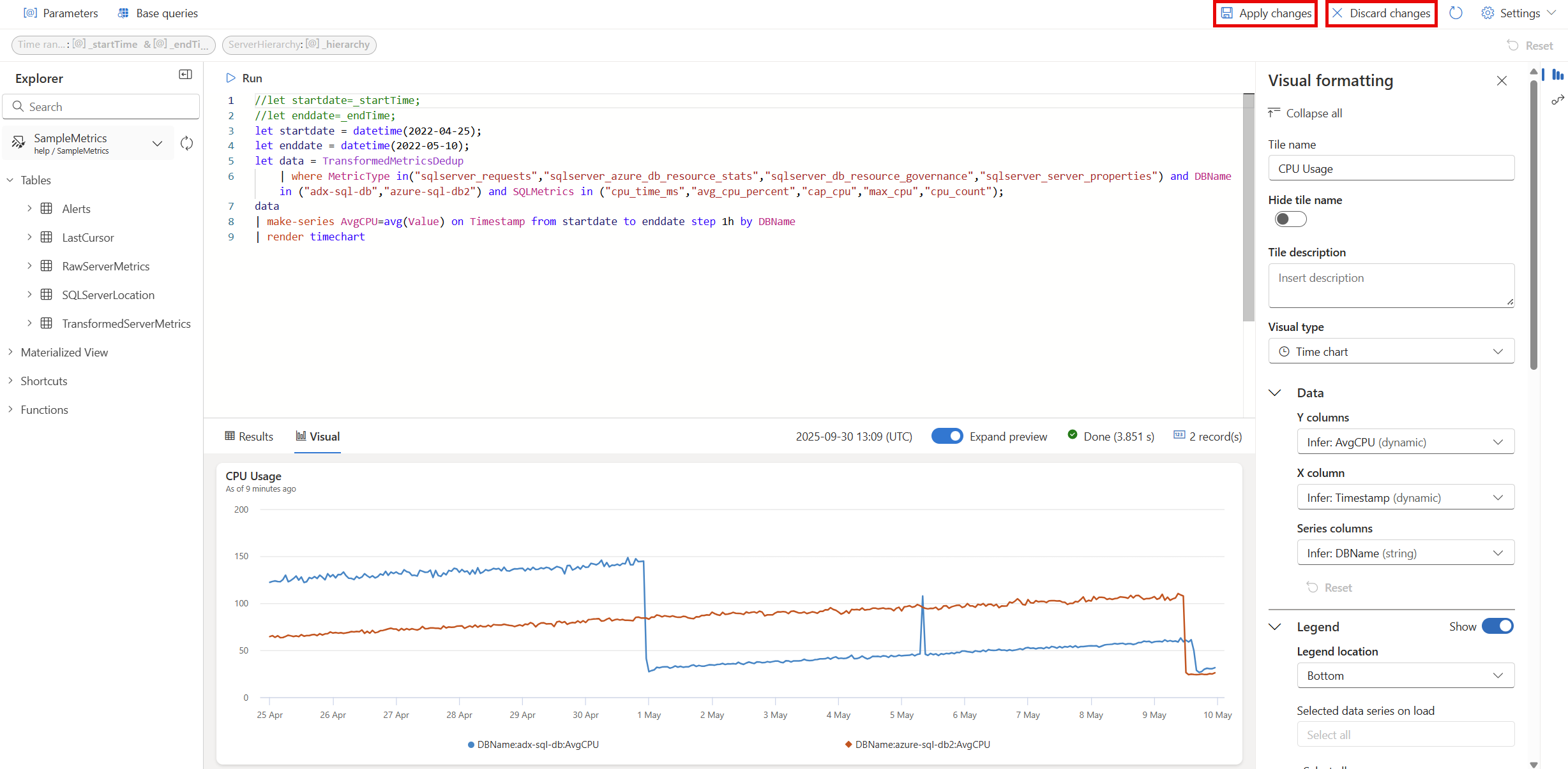 Screenshot des Kachelbearbeitungsfensters für die CPU-Auslastung mit Optionen zum Anwenden oder Verwerfen von Änderungen.