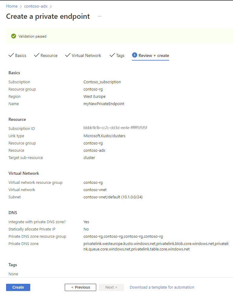 Screenshot der Seite zum Erstellen eines privaten Endpunkts mit der Überprüfung und Erstellung einer Zusammenfassung.