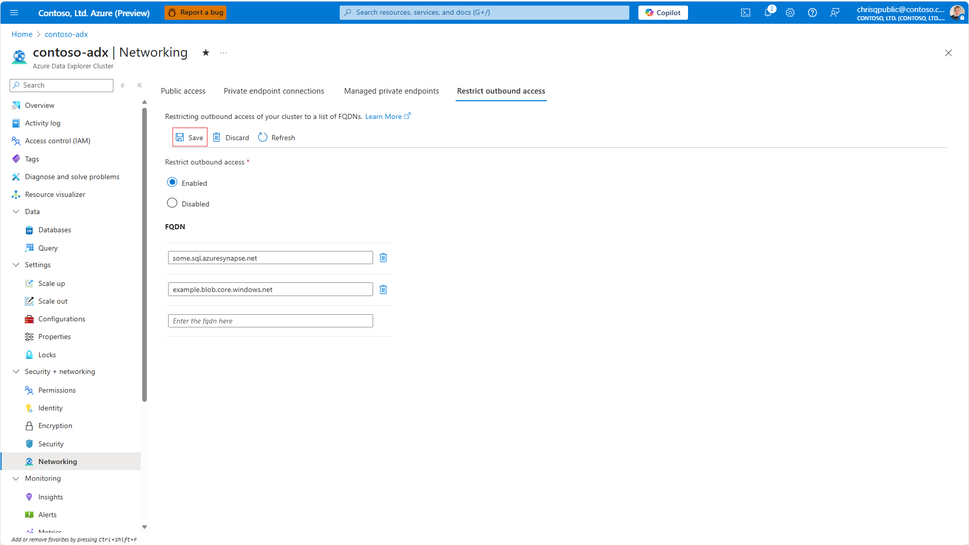 Screenshot der Netzwerkkonfigurationsseite mit der Konfiguration des eingeschränkten ausgehenden Zugriffs mit konfigurierten FQDNs.