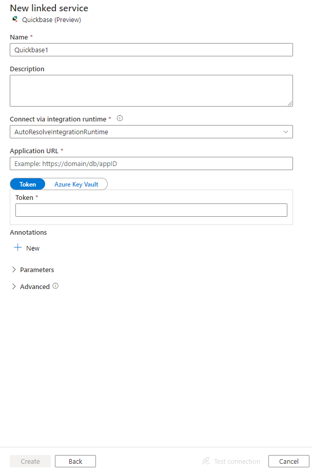 Screenshot: Konfiguration des verknüpften Quickbase-Dienstes