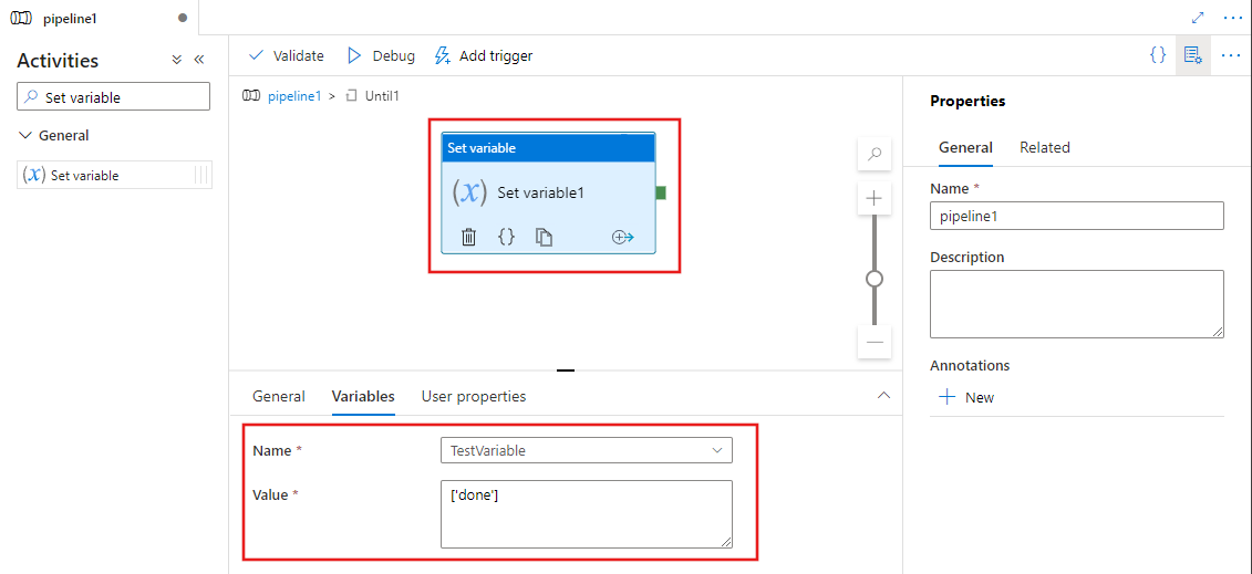 Screenshot des Aktivitäten-Editors für eine Until-Aktivität mit definierter Aktivität zum Festlegen einer Variable