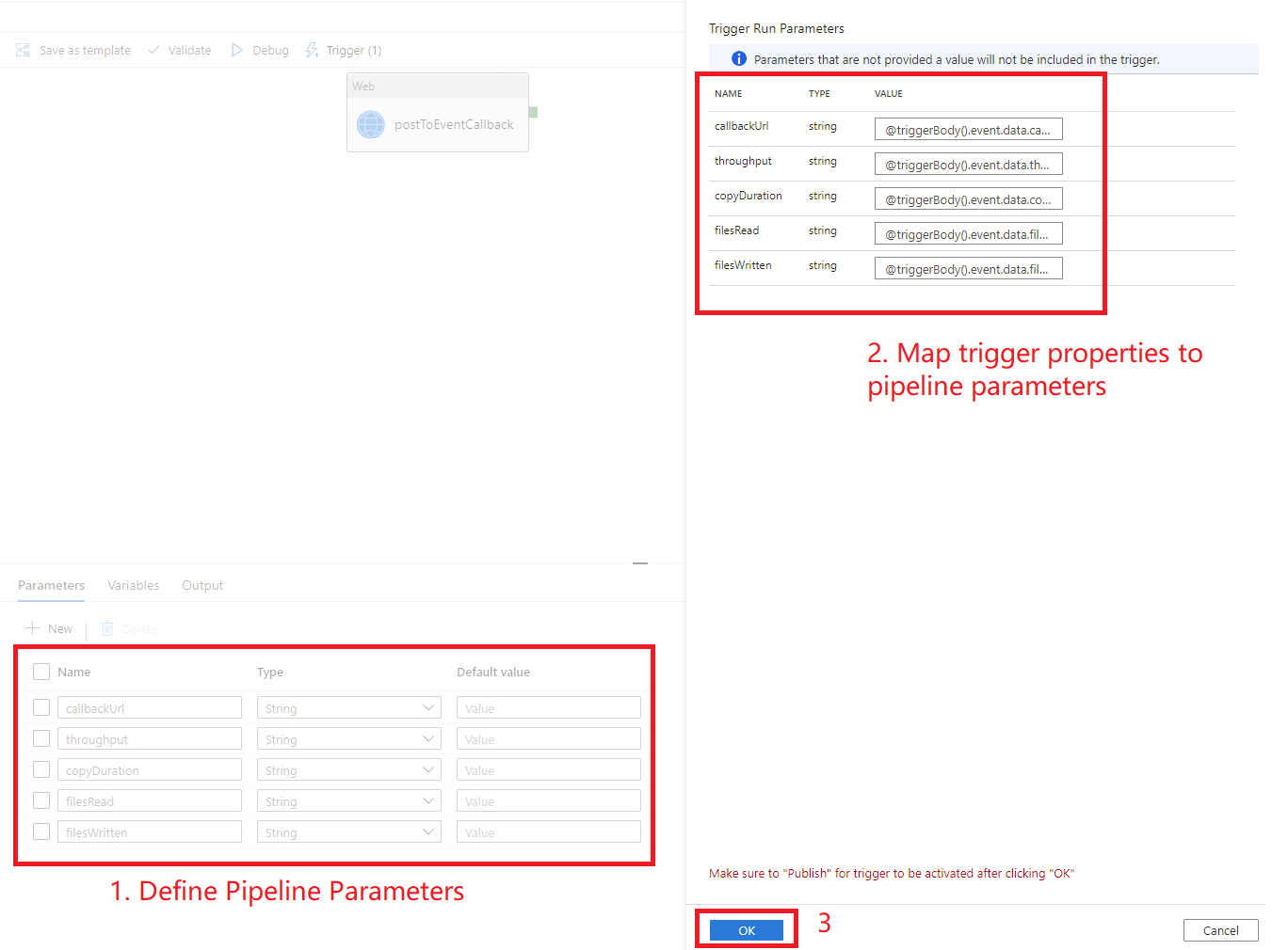 Screenshot der Einstellungen für Pipelineparameter.