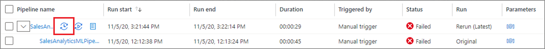 Screenshot der Anzeige des Verlaufs für eine Pipelineausführung.