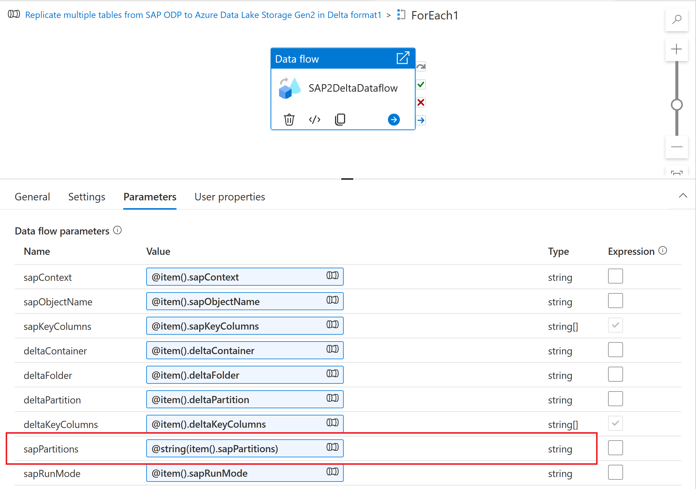 Screenshot zeigt das Erfassen eines Partitionierungsschemas in den Zuordnungsdatenfluss.