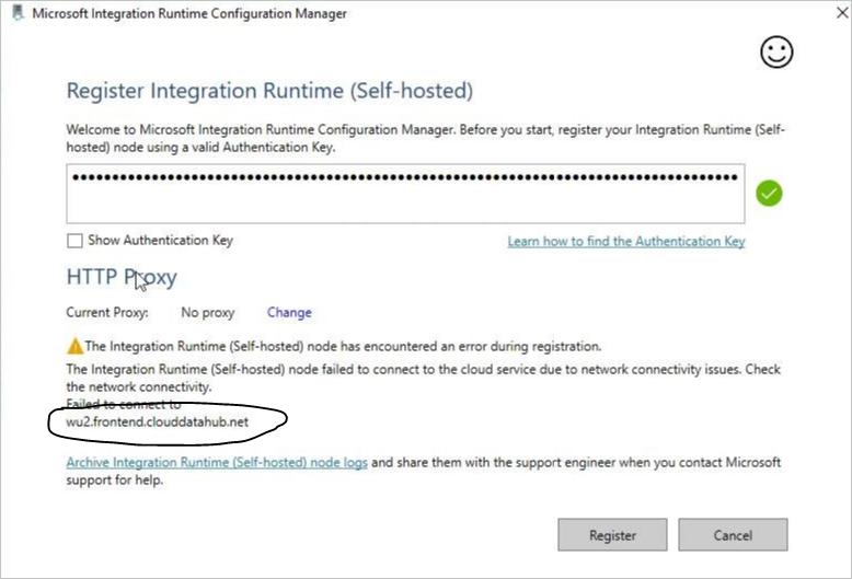 Screenshot der Nachricht "Bei dem Knoten von Integration Runtime (selbstgehostet) ist bei der Registrierung ein Fehler aufgetreten".