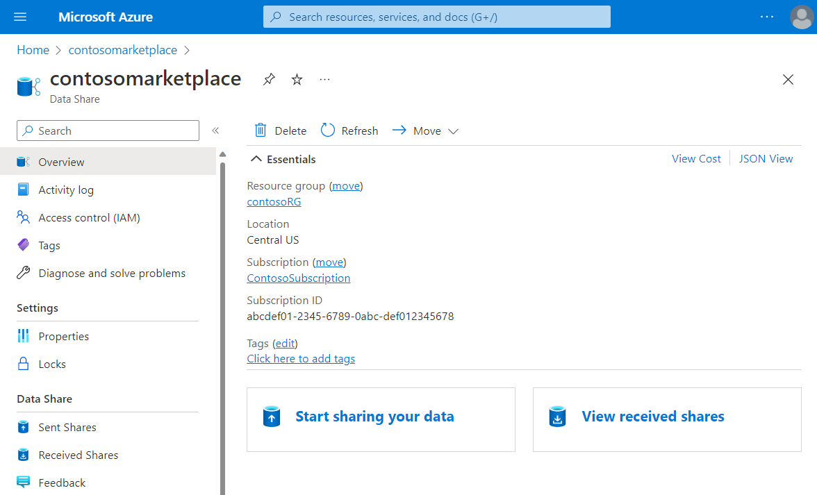 Screenshot showing the data share overview.