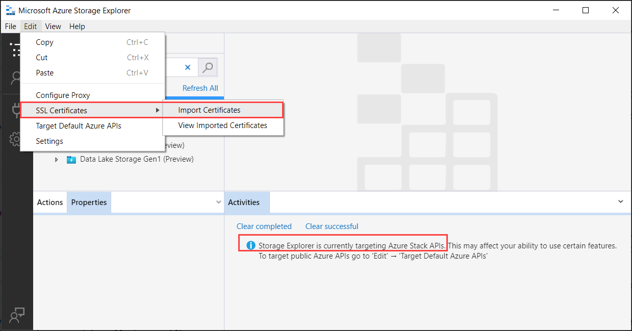 Importieren des Zertifikats in Storage-Explorer