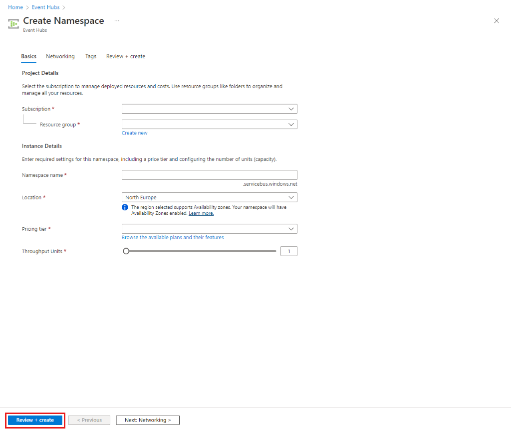 Screenshot: Erstellen eines Event Hubs-Namespace in Microsoft Event Hubs