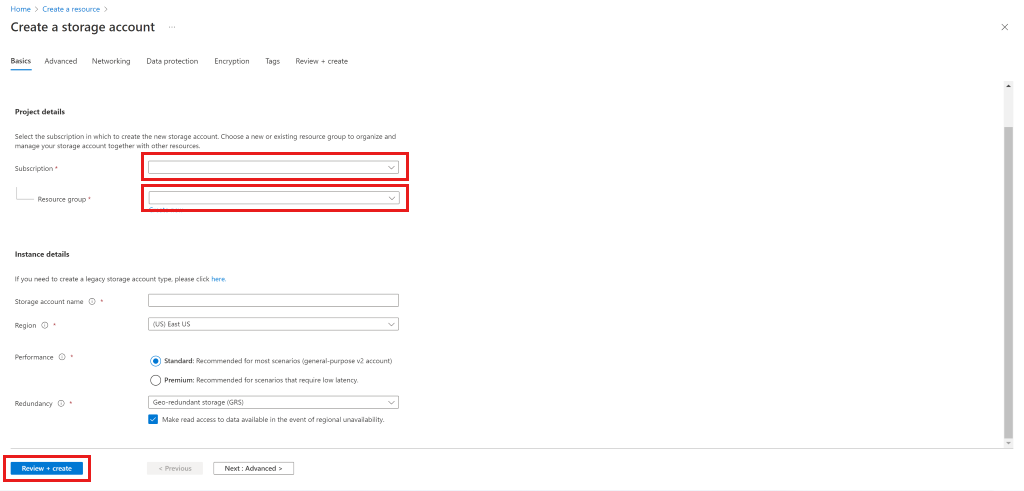 Screenshot: Erstellen eines Speicherkontos