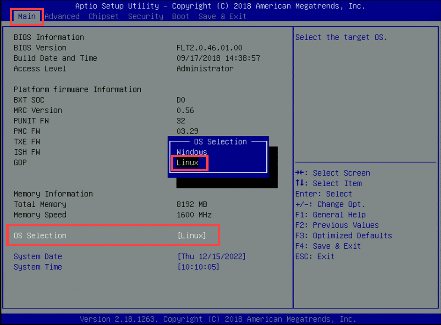 Screenshot: Einstellen des Betriebssystems auf Linux im YS-FIT2.