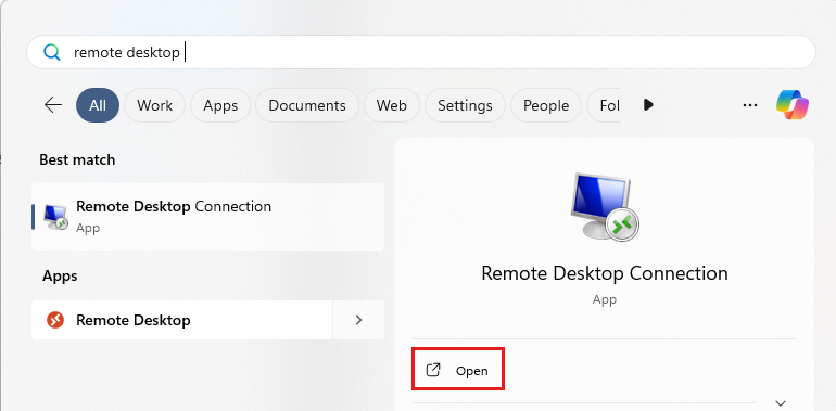 Screenshot des Startmenüs mit der Remotedesktopverbindung.