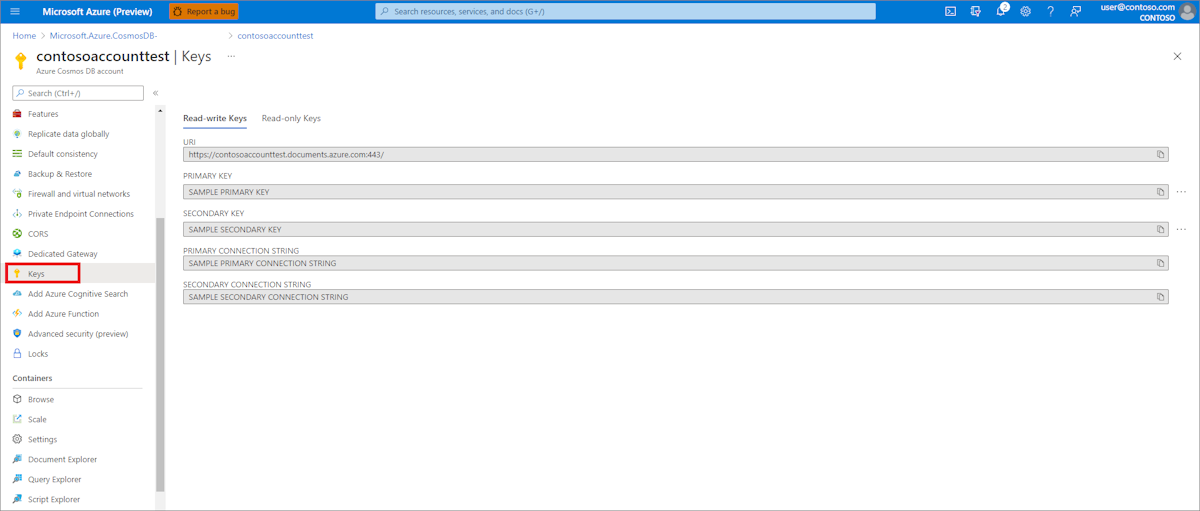 Screenshot der Azure-Portal, die das Azure Cosmos DB-Konto mit der Seite