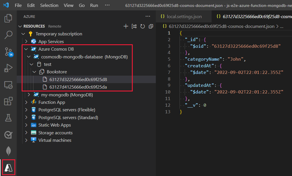 Partieller Screenshot: Azure-Explorer in Visual Studio Code mit den Datenbanken und einem im Lesebereich angezeigten ausgewählten Element