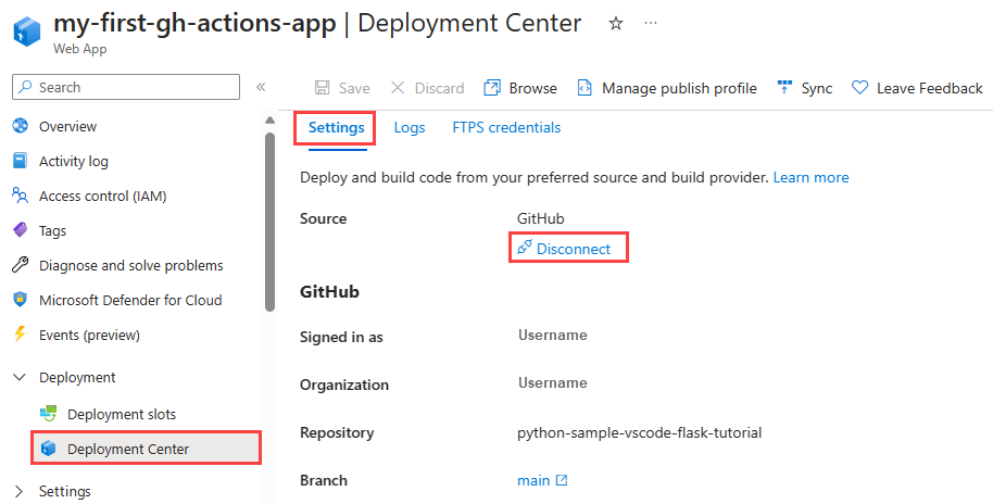 Screenshot showing how to disconnect GitHub actions from an App Service in Azure portal.