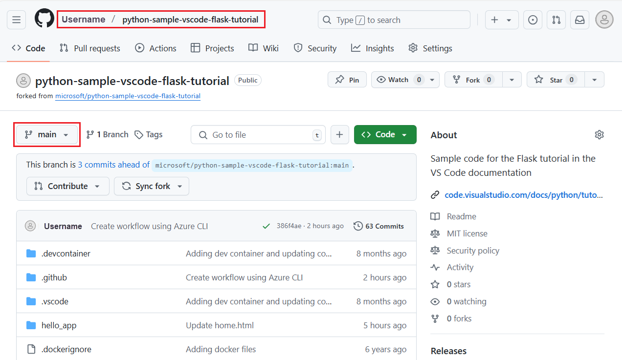Screenshot showing how to go to the repo and branch where the GitHub Actions workflow is defined.