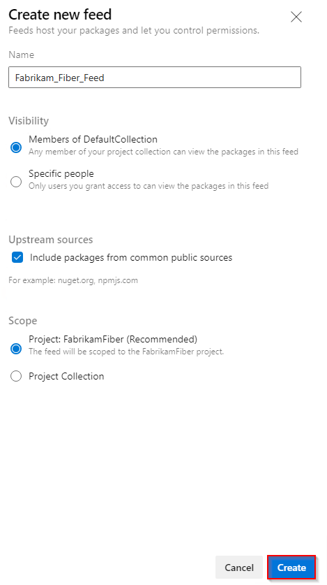 Screenshot, der zeigt, wie Sie einen neuen Feed in Azure DevOps 2022 erstellen.