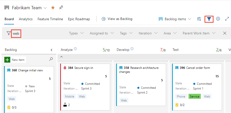 Screenshot des Kanban-Boards, Filterung mithilfe der Schlüsselwortsuche.