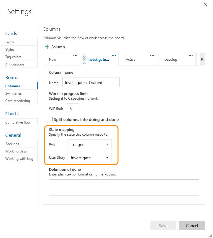 Screenshot: Einstellungen für das Kanban-Board, Spalten