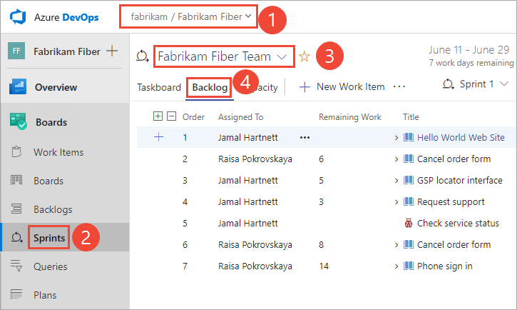 Öffnen des Arbeitselements „Sprints“ für ein Team