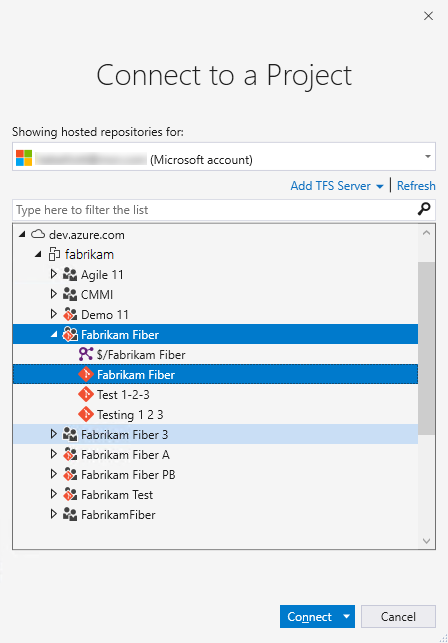 Screenshot: Dialogfeld „Verbindung mit einem Projekt herstellen“ – Herstellen einer Verbindung mit einem Projekt und einem Git-Repository