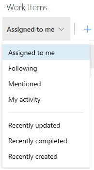 Screenshot: Webportal, Boards, Arbeitselemente, Menüoptionen, Azure DevOps Server 2019-Version