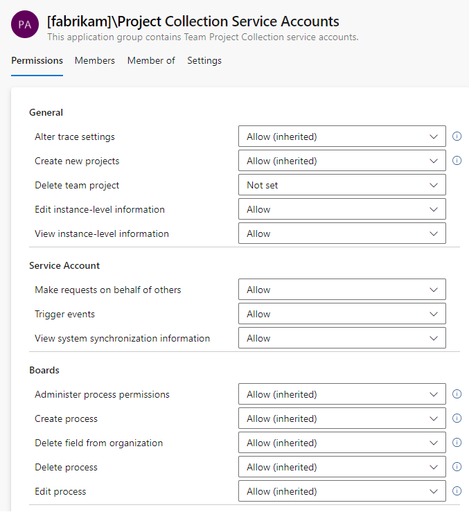 Screenshot der Berechtigungen und Gruppen auf Organisationsebene, Azure DevOps Services.