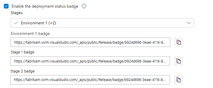 Screenshot: Klassischs Release – Aktivieren des Statusbadges der Bereitstellung mit drei Stages, die kopiert werden können.