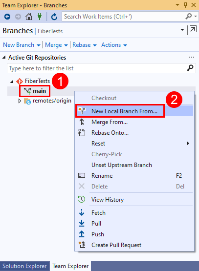 Screenshot: Menüoption „Neuer lokaler Branch von“ im Kontextmenü des Mainbranchs in Visual Studio 2019.