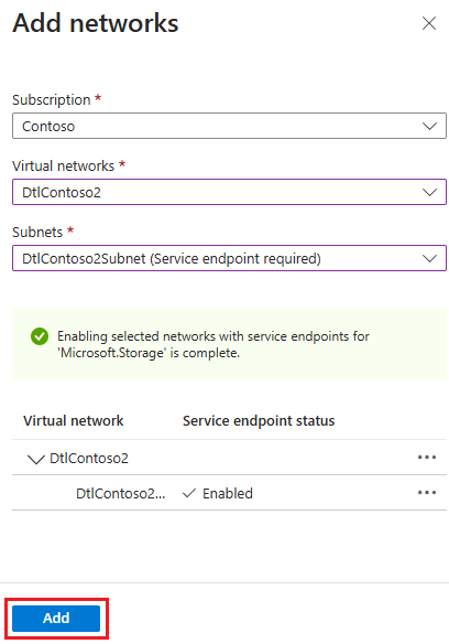 Screenshot des Bereichs „Netzwerke hinzufügen“ mit hervorgehobenen virtuellen Netzwerken, Subnetzen und der Option „Hinzufügen“