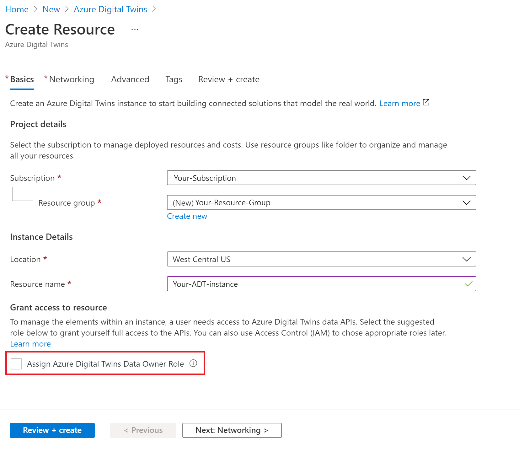 Screenshot des Prozesses „Ressource erstellen“ für Azure Digital Twins im Azure-Portal. Das Kontrollkästchen unter „Zugriff auf Ressource gewähren“ ist deaktiviert.