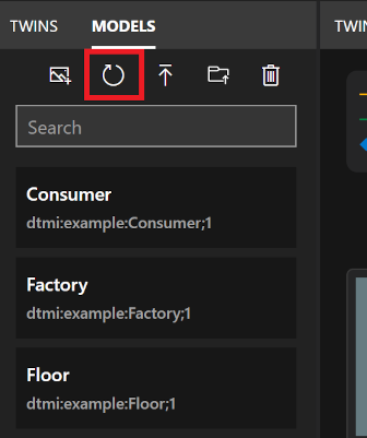 Screenshot des Bereichs „Models“ des Azure Digital Twins-Explorers. Das Symbol „Modelle aktualisieren“ ist hervorgehoben.