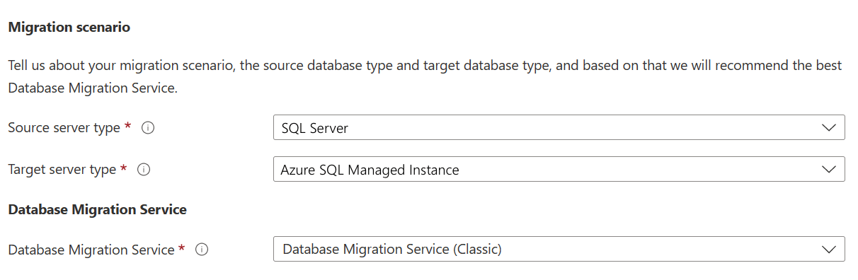 Szenario zum Auswählen von „Database Migration Service (klassisch)“