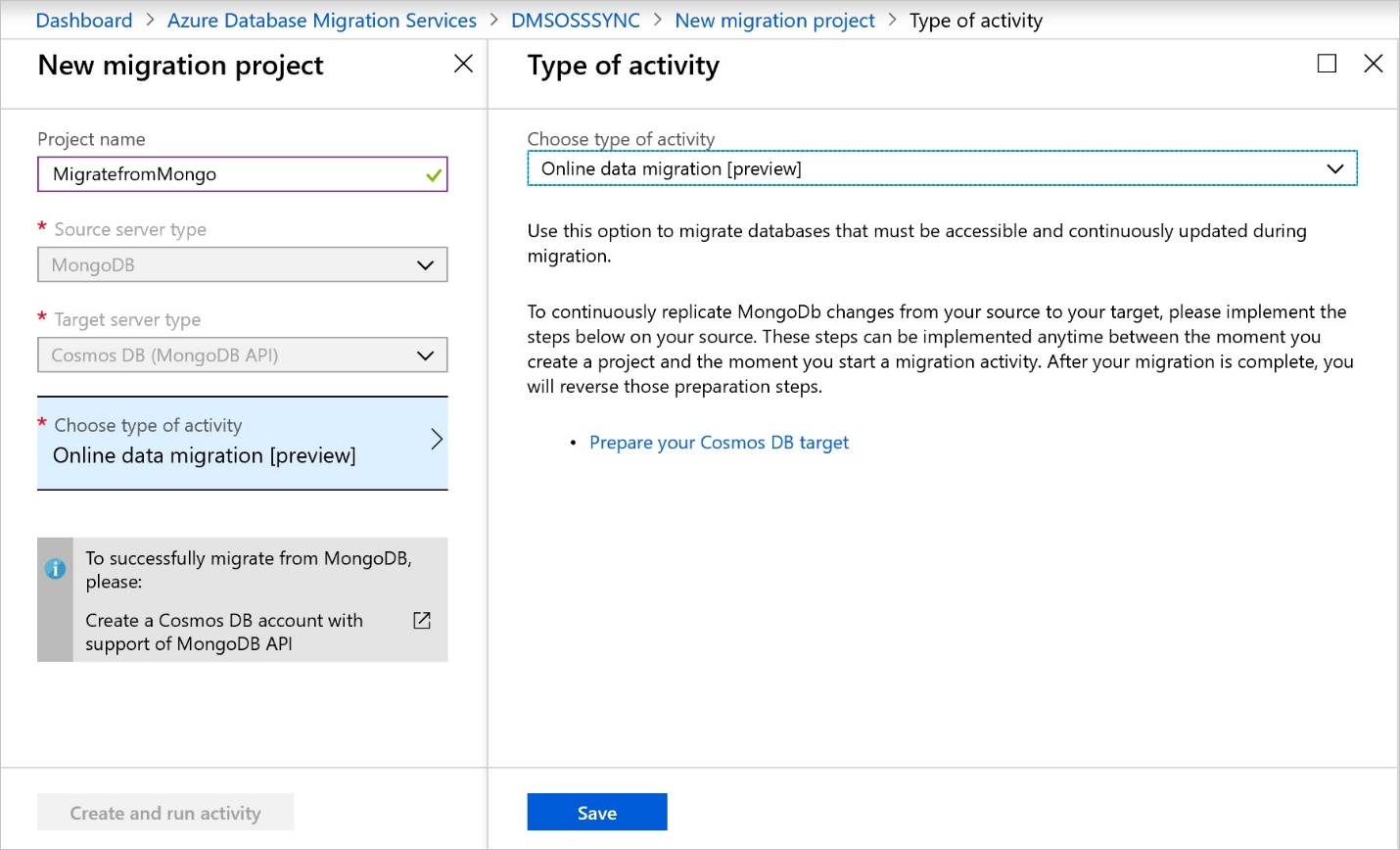Screenshot von Erstellen eines Database Migration Service-Projekts.