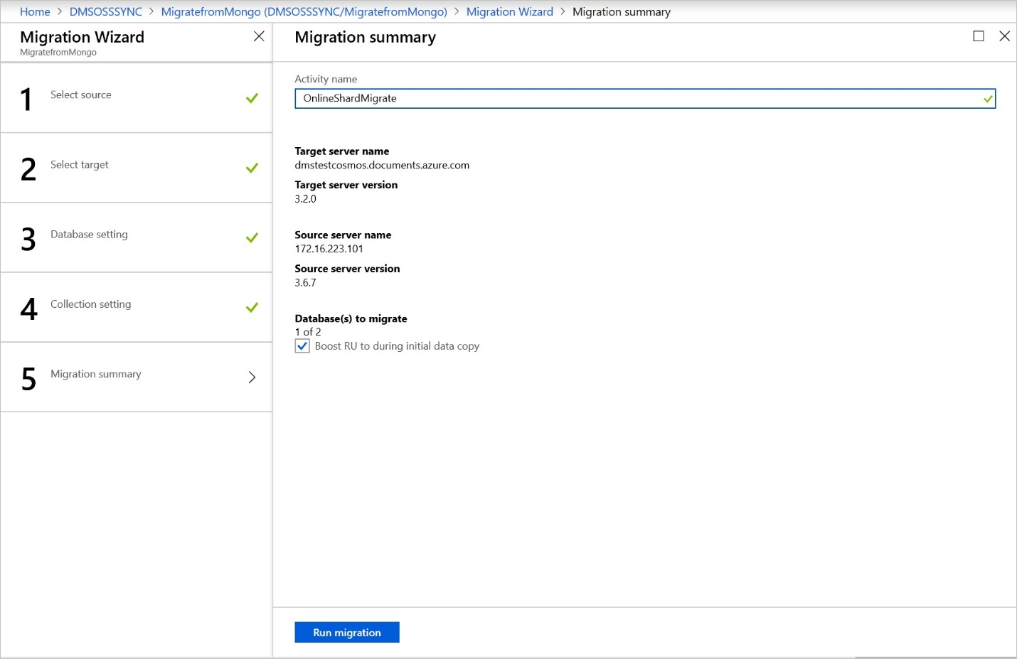 Screenshot von Migrationszusammenfassung.