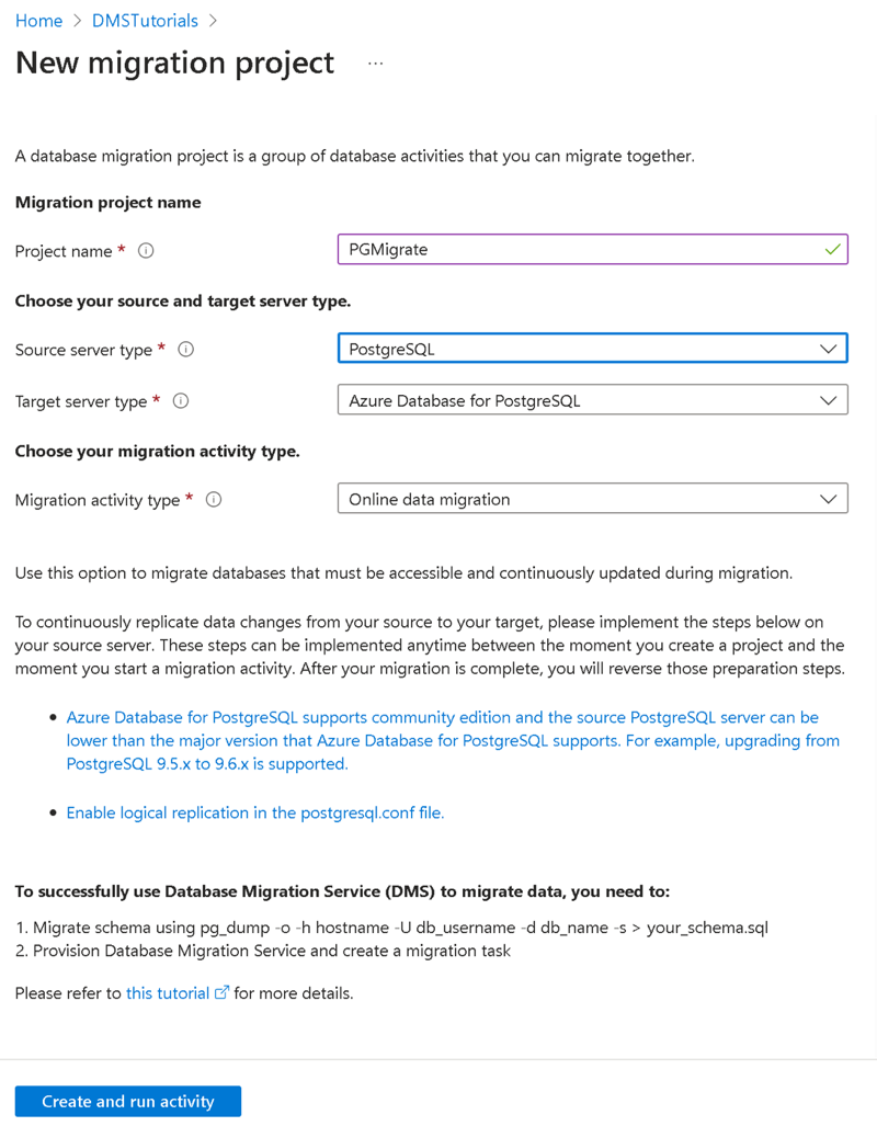 Screenshot: „Neues Migrationsprojekt erstellen“