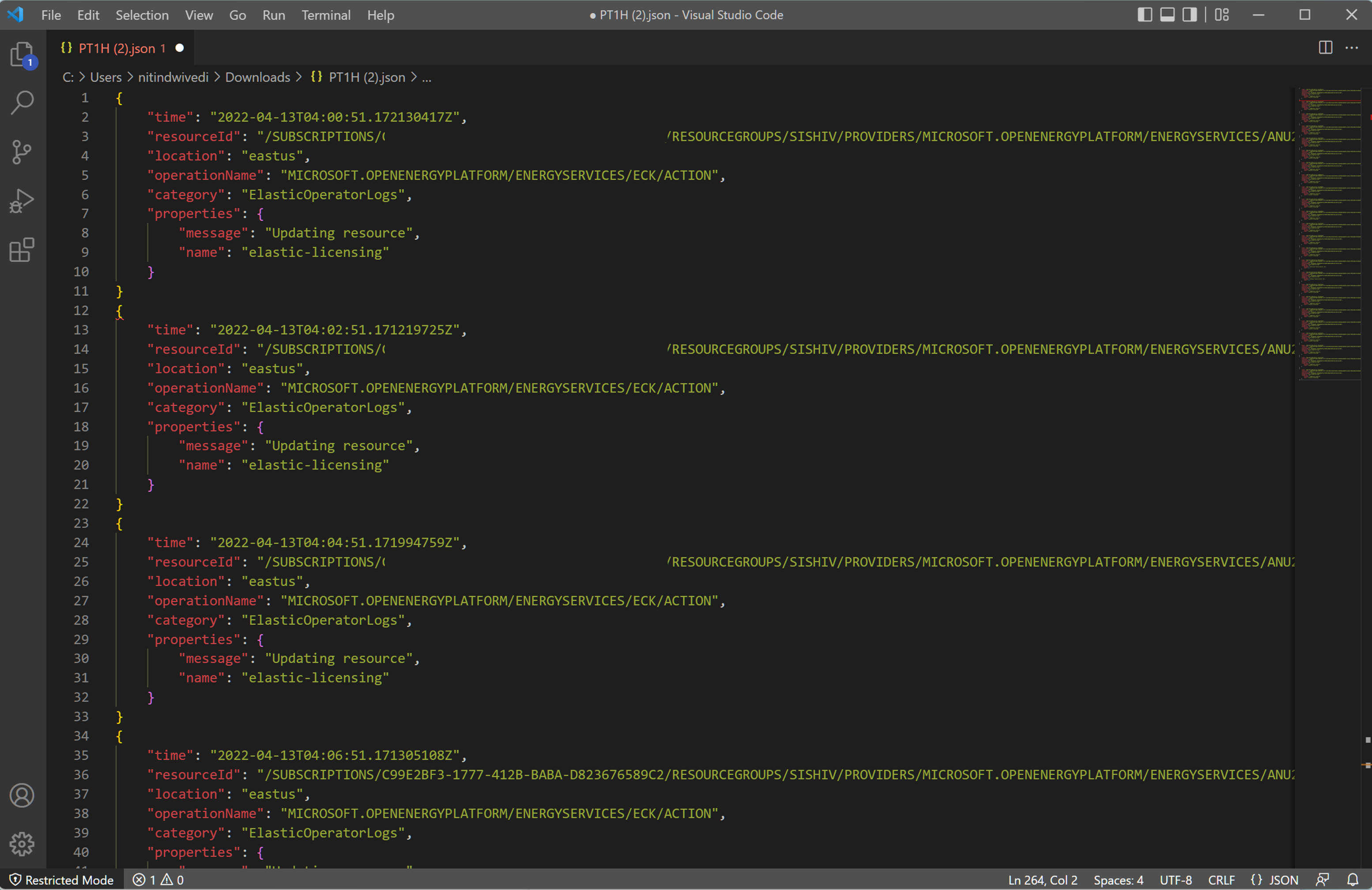Screenshot zur lokalen Anzeige der heruntergeladenen JSON-Datei. Die Bilder zeigen formatierte Protokolle in Visual Studio Code.