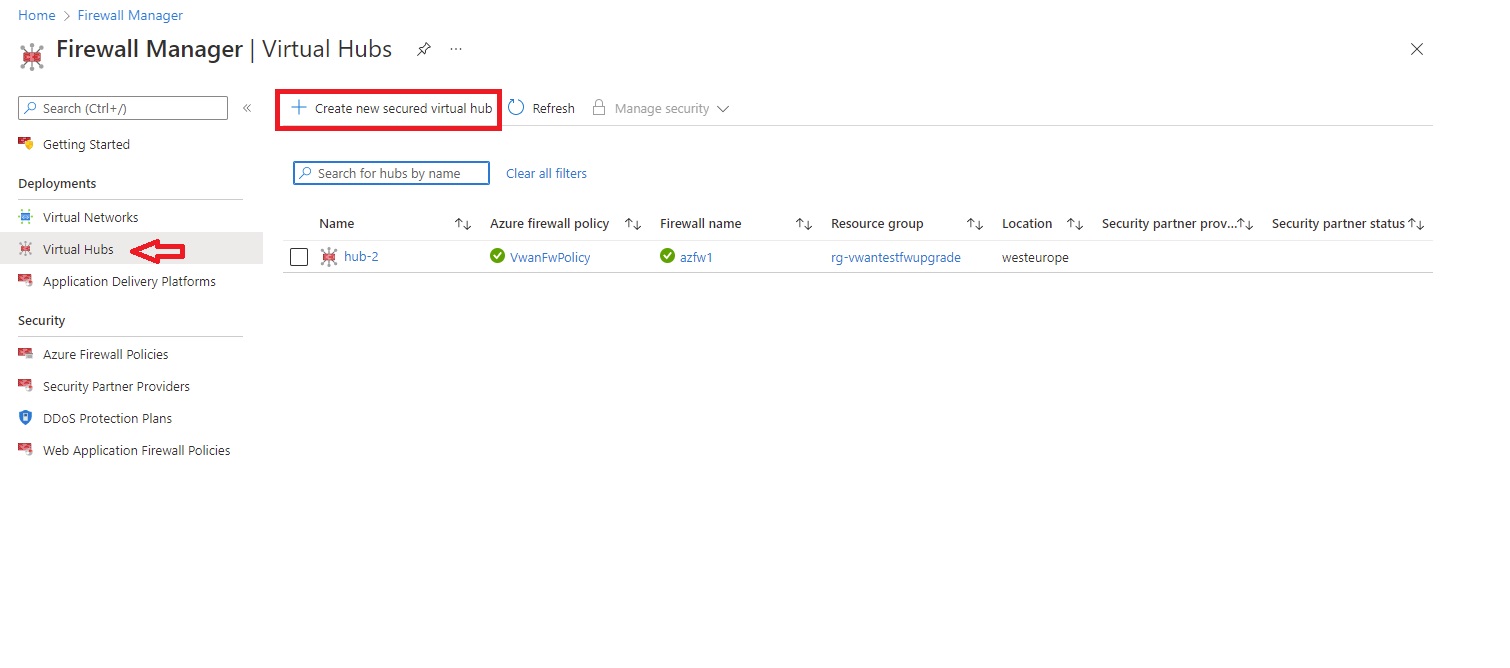Screenshot: Erstellen eines neuen geschützten virtuellen Hubs