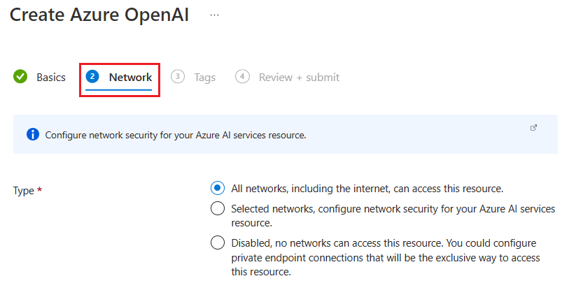 Screenshot mit den Netzwerksicherheitsoptionen für eine Azure OpenAI-Ressource im Azure portal.