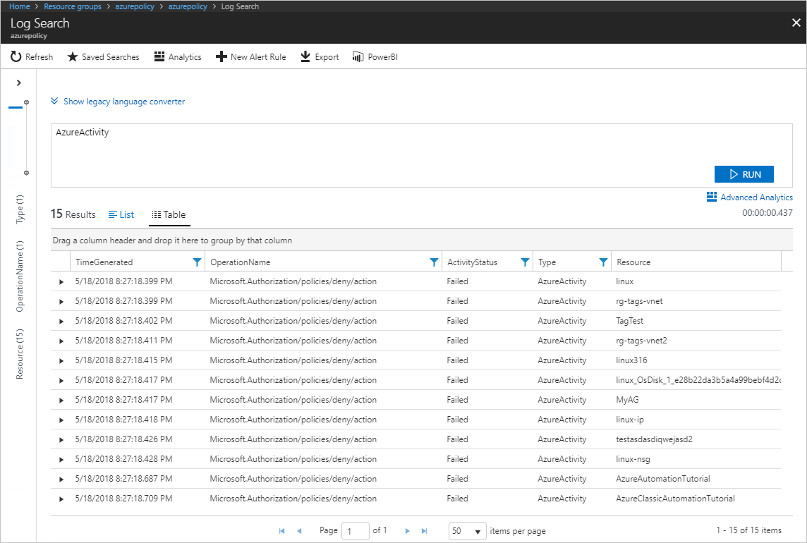 Screenshot der Azure Monitor-Protokolle, in denen Azure Policy-Aktionen in der Tabelle „AzureActivity“ angezeigt werden