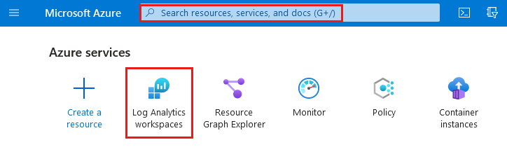 Screenshot: Azure-Startseite, auf der Suchfelder und Log Analytics-Arbeitsbereiche hervorgehoben sind