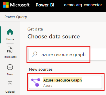 Screenshot des Dialogfelds „Daten abrufen“ im Power BI-Dienst, um den Azure Resource Graph-Connector auszuwählen.