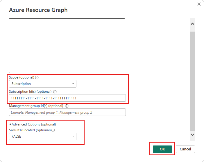 Screenshot des Power BI Desktop Azure Resource Graph-Dialogfelds für eine Abfrage mit optionalen Einstellungen für Bereich, Abonnement-ID und $resultTruncated.